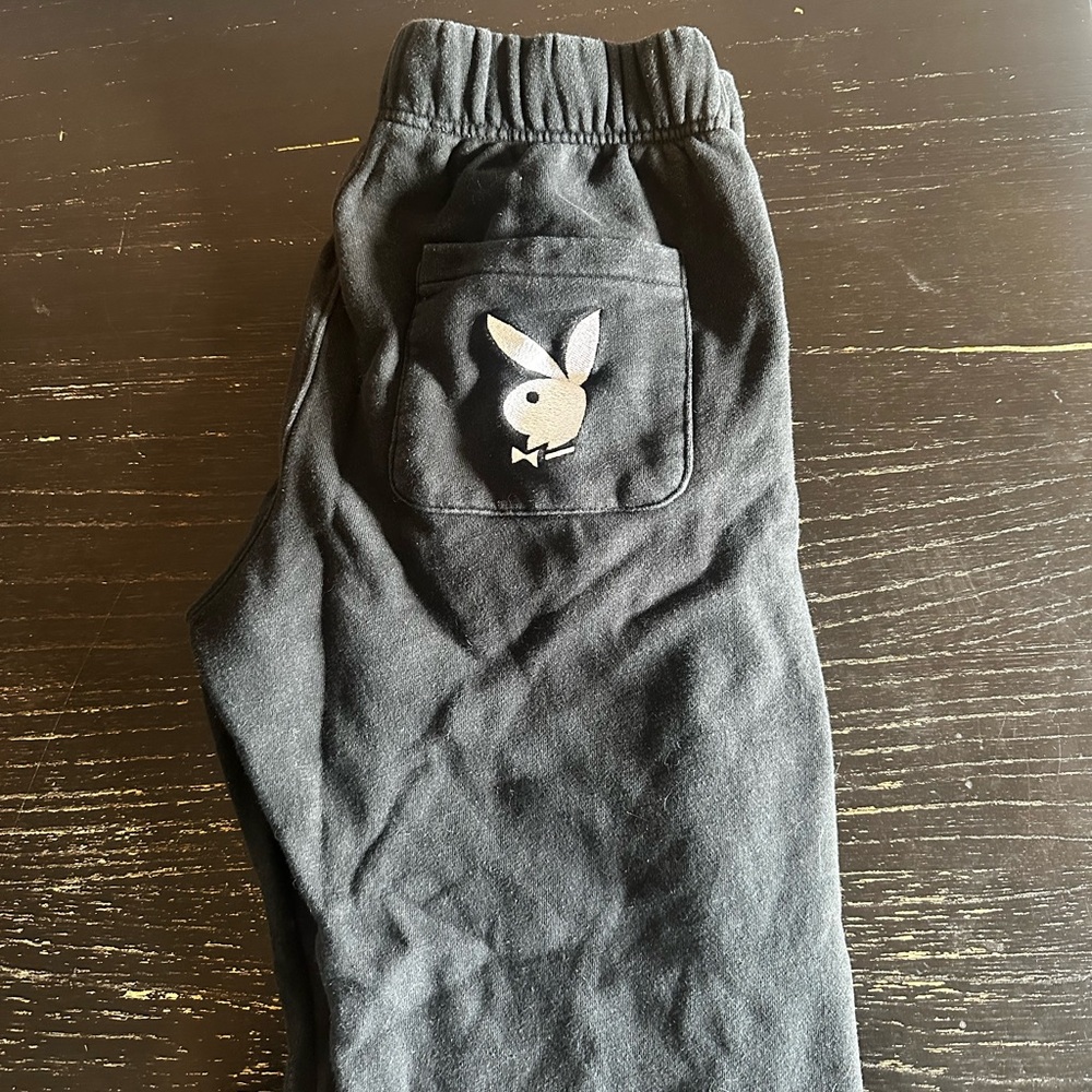 PLAYBOY woman’s small Black Joggers with Bunny Patch